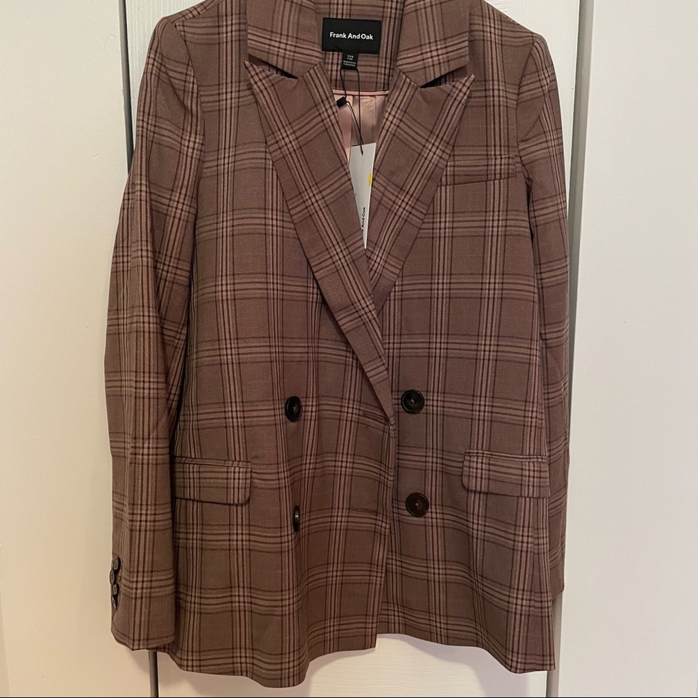 Frank & oak double breasted blazer, brown plaid pattern NWT